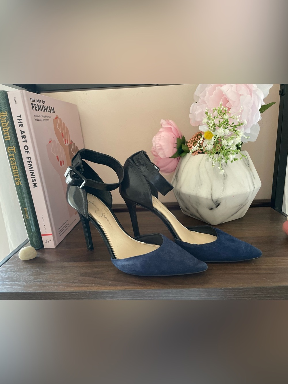 Jessica Simpson Navy Suede Pointed-Toe Ankle Strap Heels